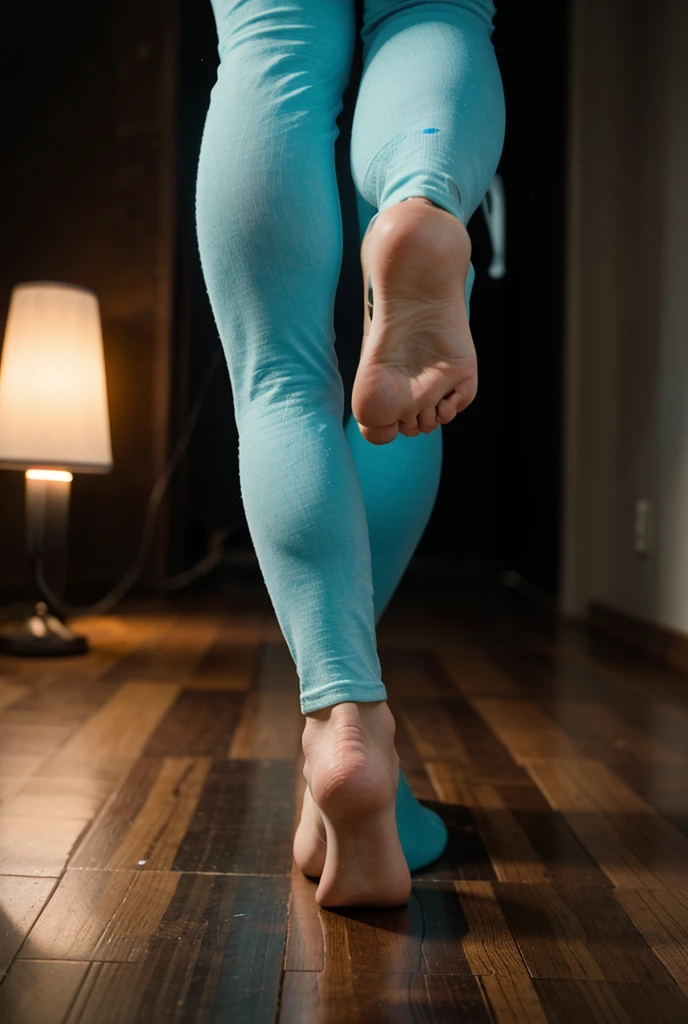 ((One woman)), Alafed woman in blue tights doing yoga pose on mat, bent over, slightly bent posture, detailed shot legs raised, thigh closeup, posture bent, bent, chic, lower body closeup, hip-shot, bent - posture, close-up from behind, shy, tight shot