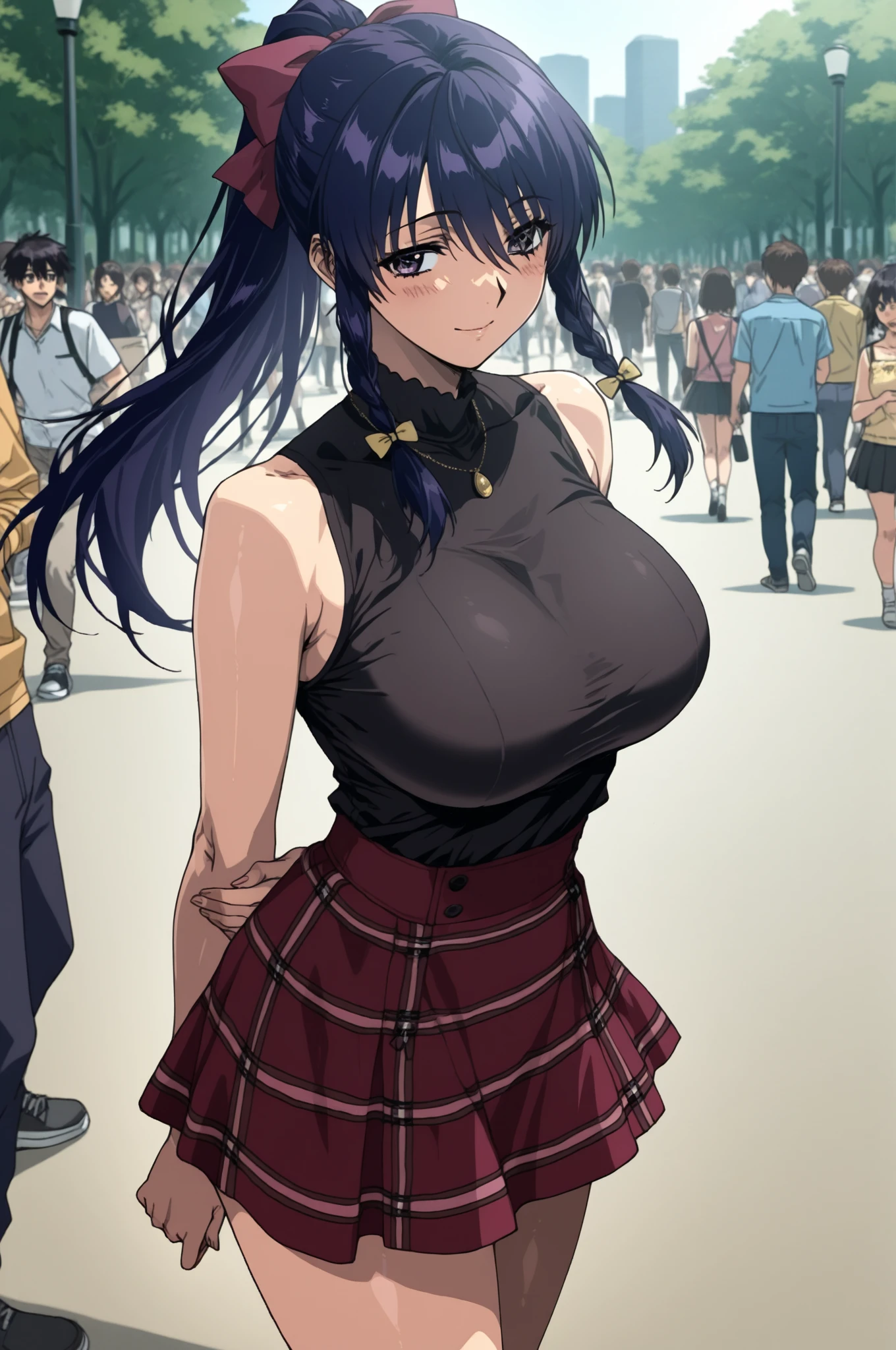 (Headpat POV : 1.3), purple dress, black skirt, shibuya street, crowded, Nijou Aki, mature women, takeda hiromitsu style, anime cels style, best quality, high resolution, (gigantic breasts:1.3), cowboy shot, blush, smiling, (purple eyes), blue hair