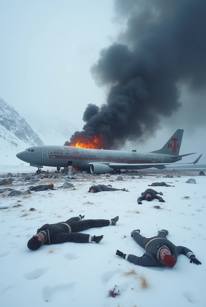 A large airplane  The plane is lying crushed in the snowy mountains. Blood is scattered on the snow around it. Some human dead bodies are lying there. The color of the plane is dark blue.The plane is broken from the front, smoke is coming out of the plane
