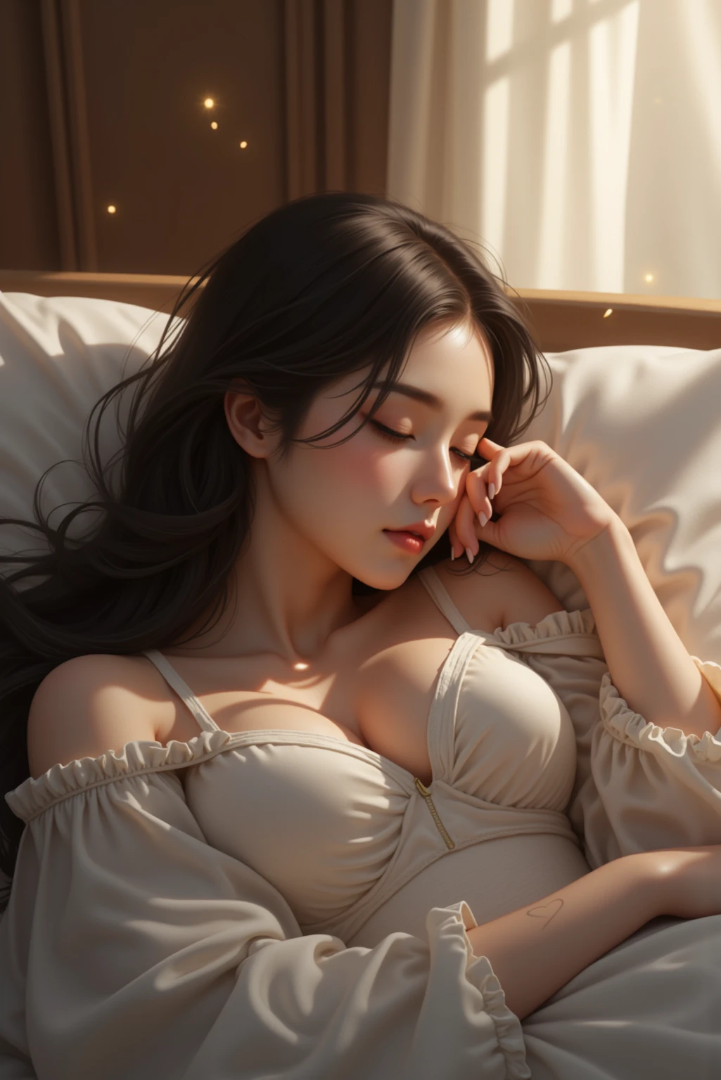 (8k, RAW photo, highest quality, masterpiece), high resolution RAW color photo, , long hair, 21 years old, ponytail, futon, pillow, eyes closed, bed, sleep, underwear, under the covers, blanket , cleavage, blanket, under the covers, indoors, upper body,, ultra details, masterpiece, top quality, aesthetic, details,, alone, seductive smile, red lips, one girl, black hair, D cup chest, low hair ring, sleepy eyes half open