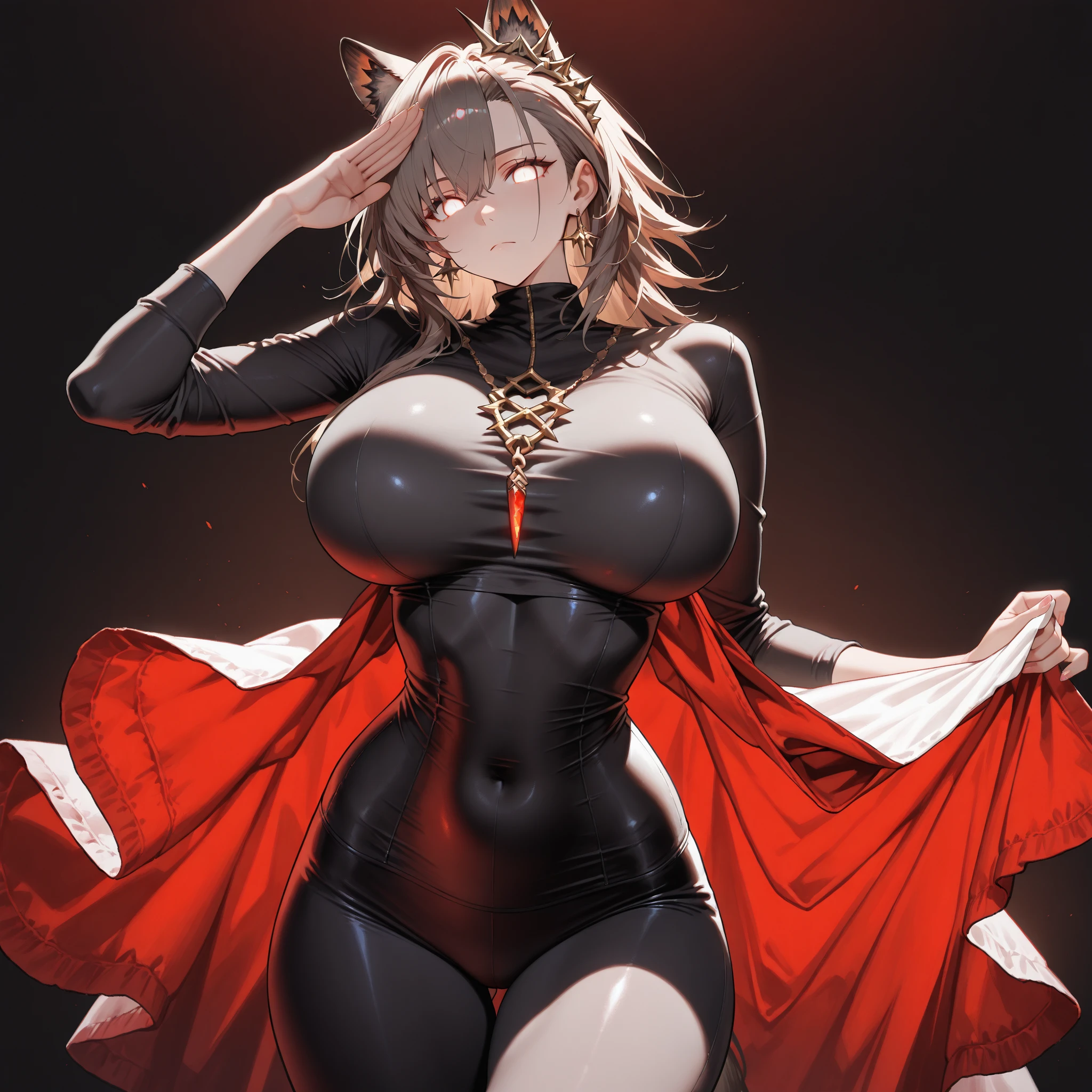 (Masterpiece: 1.5), (Best Quality: 1.5), Perfect Eyes, Perfect Face, Volumetric Lighting, 1 Woman, Mature Woman, (Whiteness: 5), fox ears, fox tail, dark brown hair, green eyes, sexy, enormous breasts, cleavage, sexy, thick tights, tied up hair, hair knot, short hair,