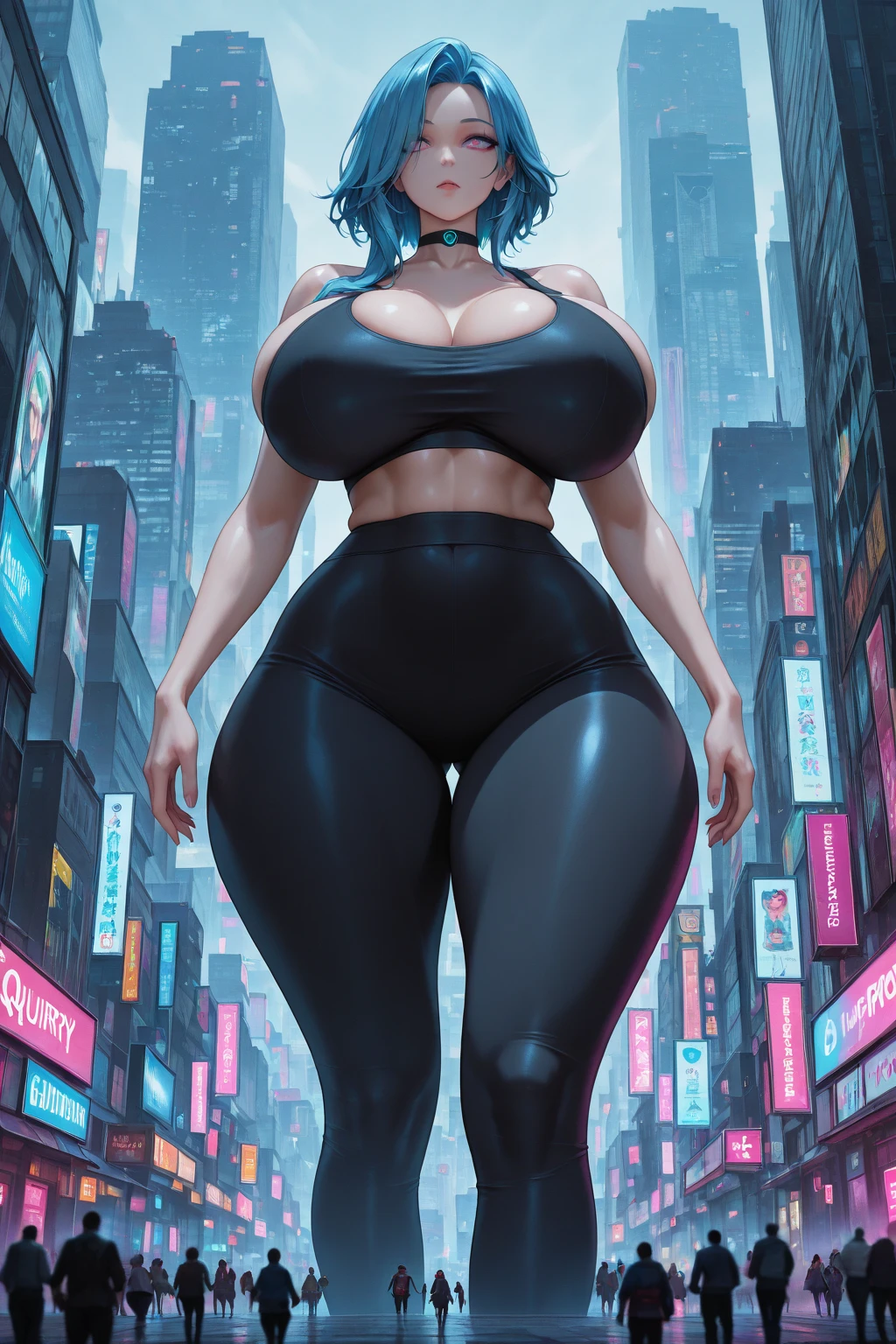 Rainbow colored smoke forming the whole body figure of a woman, massive thighs, body made of smoke, hair merge with smoke, (((1girl))), giantess, towering over city, back view