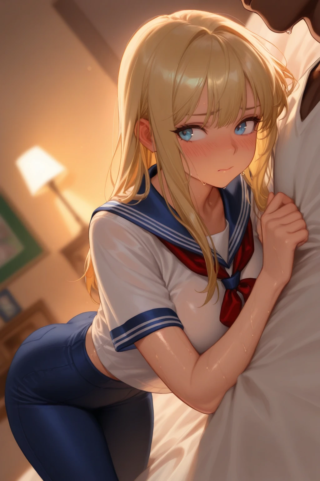 (masterpiece, best quality, ultra-detailed, high resolution, detailed eyes), nsfw, {{{{from between side and behind}}}}, takeda hiromitsu style, (1girl), {school uniform, sailor suit}, curvy body, large breast, tall, blonde long hair, curly hair,looking at viewer, on all fours, showing anal, anal beads, class room, sweaty skin, (faint light:1.0), love juice , ass up