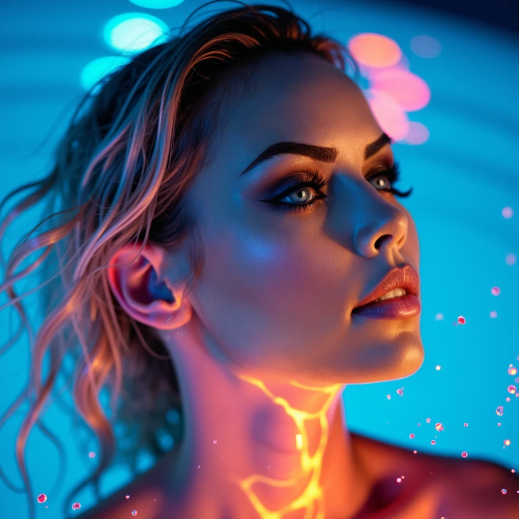 blonde woman in the pool,  colorful tattoos wet body pajamas silk fluorescent orange sexy shower water flying gleaning, White bathroom background , Neon Light hot water vapor in the bedroom ,diamond bracelet necklace sapphire shiny crystal