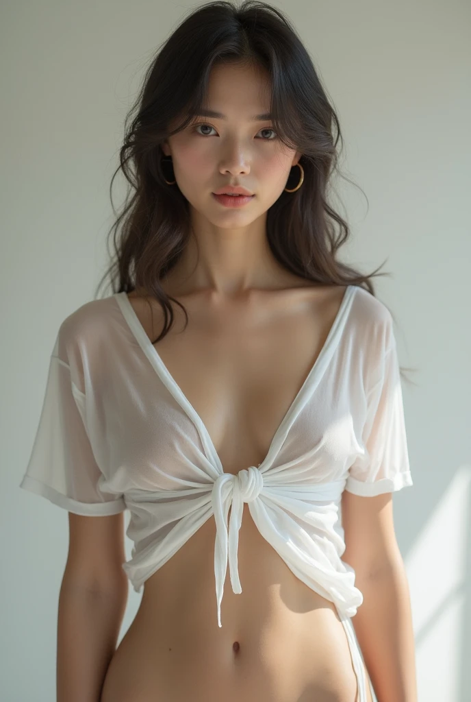 (Best quality, 8k, 32k, Masterpiece, UHD:1.2), NSFW, Korean girl, seductive face, sweating, wet white t-shirt, no bra, indoor, shower, water dripping, front lit, well-lit face, sexy pose, horny looking, wet panties, wet hair