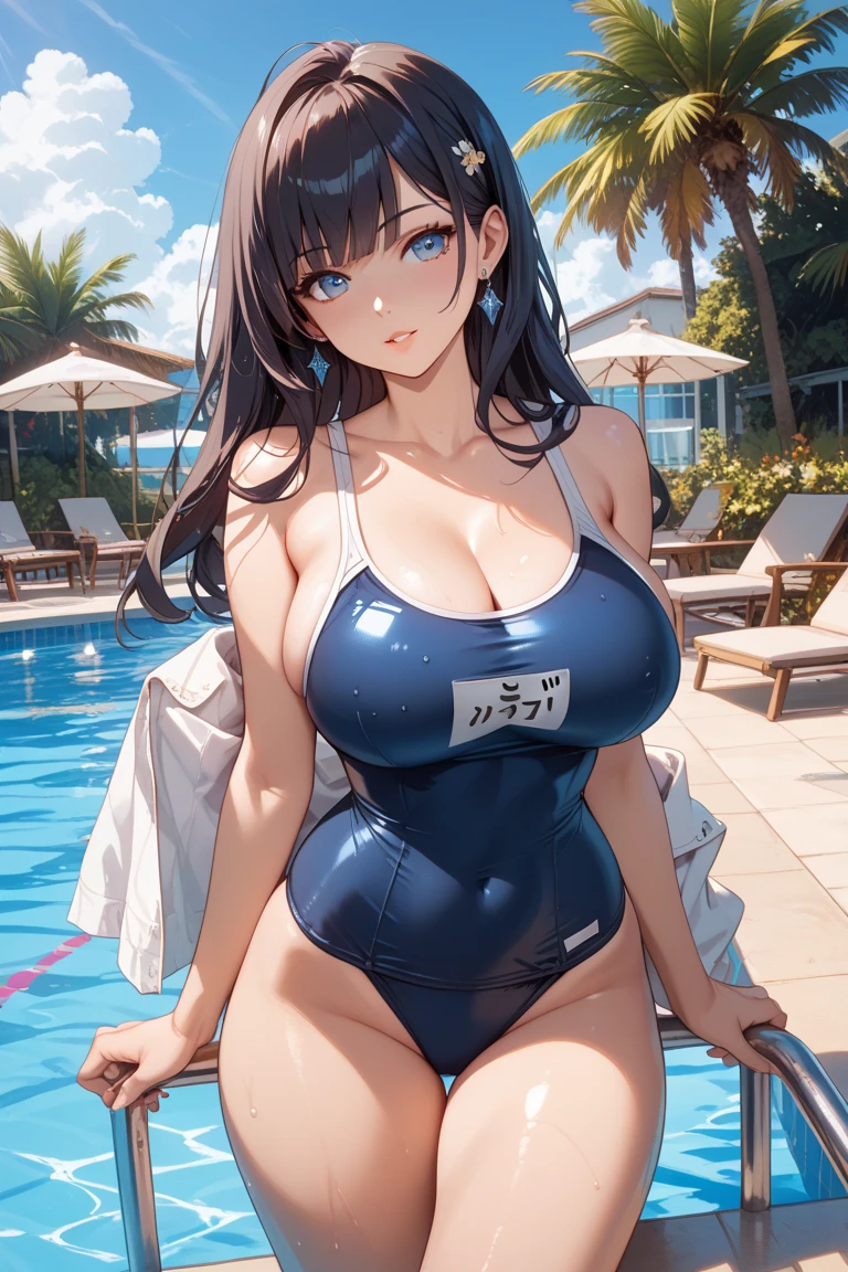 Anime Kawaii sexy Perfect Slim sensual body large breast and huge thighs, An intricate and highly detailed illustration of anime (Young girl) Highest quality、masterpiece、(1 adult female:1.3)、(Soft bust:1.2)、nature 、Girl in competitive swimsuit,beautiful,smile,Pool,Tempting,((Looking at the audience)、Textured skin、(smile)、blush、(Blue summer sky:1.3),(Beautiful background of beach pool:1.3)