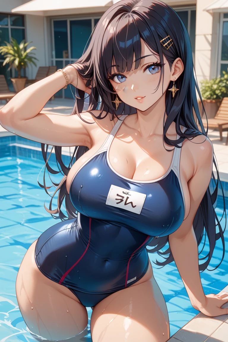 Black Hair　Navy blue new school swimsuit　Big Breasts　Midsummer Night Pool　Mature Woman　Fireworks