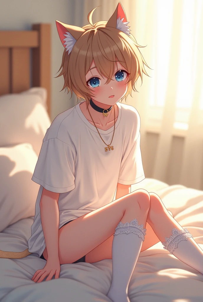 best quality,ultra-detailed,((background:inside the room1,8)),((from below shot1,8),((one boy1,8)),((femboy)),((fem boy)),((trap)),((bulge1,8)),((sitting on the bed)),((hugging own legs1,8)),((grasping his legs)),black-choker,((blonde short hair)),((man’s face)),((dress up as a woman)),((cry)),((tearful)),((bashful)),((blush)),((flustred)),((poor chest)),((flat chest)),(meshed tops),(denim shorts),(line socks),(white loose socks),vibrant colors,soft lighting,