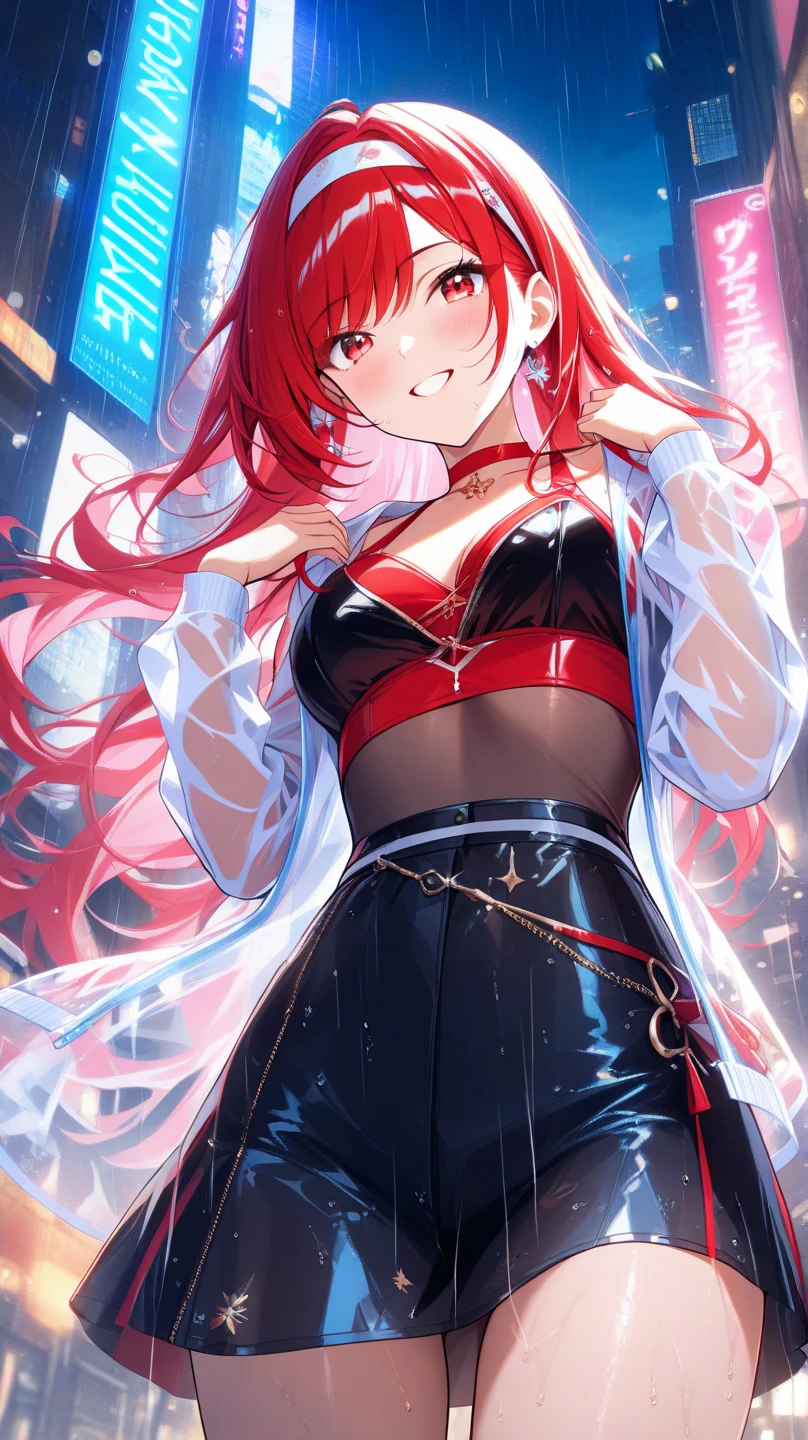 1 girl, bangss, red eyes Ablaze relucent light in hair, blush, clavicle, hair between the eyes, long hair, looking ahead at viewer, open mouth bra, pink hair, overskirt, Ablaze, Ablaze hair, side ponytail, looking ahead at viewer