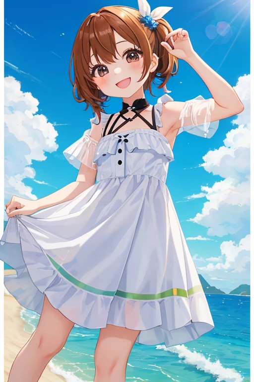 One Girl, Short brown hair, blue eyes, Hilarious, Wearing a plain white shirt, Short skirt, Small breasts，Flat chest，Hawaii，Waikiki Beach, Absurd, High resolution, Ultra Sharp, 8k, masterpiece, Looking at the audience，((Highest quality)), (Very detailed), (高精細CG合成8k壁紙), 高いly detailed,  高い-definition raw colbor photos, Professional photography,  Written boundary depth,