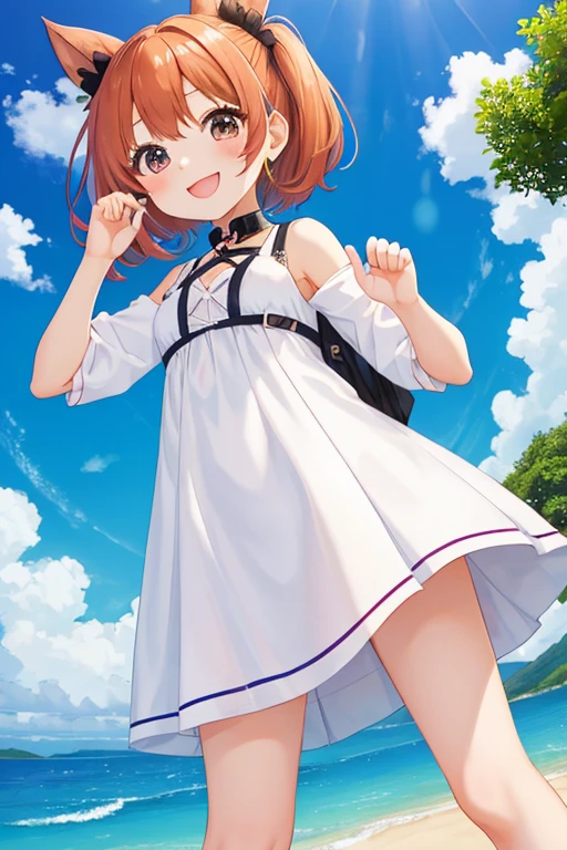 Lirilkaード, Lirilka, Animal ears, (Brown eyes:1.7), Brown Hair, (Flat Chest:1.2), happy smile, smile, Open your mouth,Sweat,,short hair,White Tank Top,Shorts,Cute Sandals ,Walking during the day,Clear skies,                                                            break looking at viewer, whole body,                　　　　　　 break outdoors ,Residential Street,　　　　　　　　　　　　break (masterpiece:1.2), Highest quality, High resolution, unity 8k wallpaper, (shape:0.8), (Beautiful and beautiful eyes:1.6), Highly detailed face, Perfect lighting, Highly detailed CG, (Perfect hands, Perfect Anatomy),