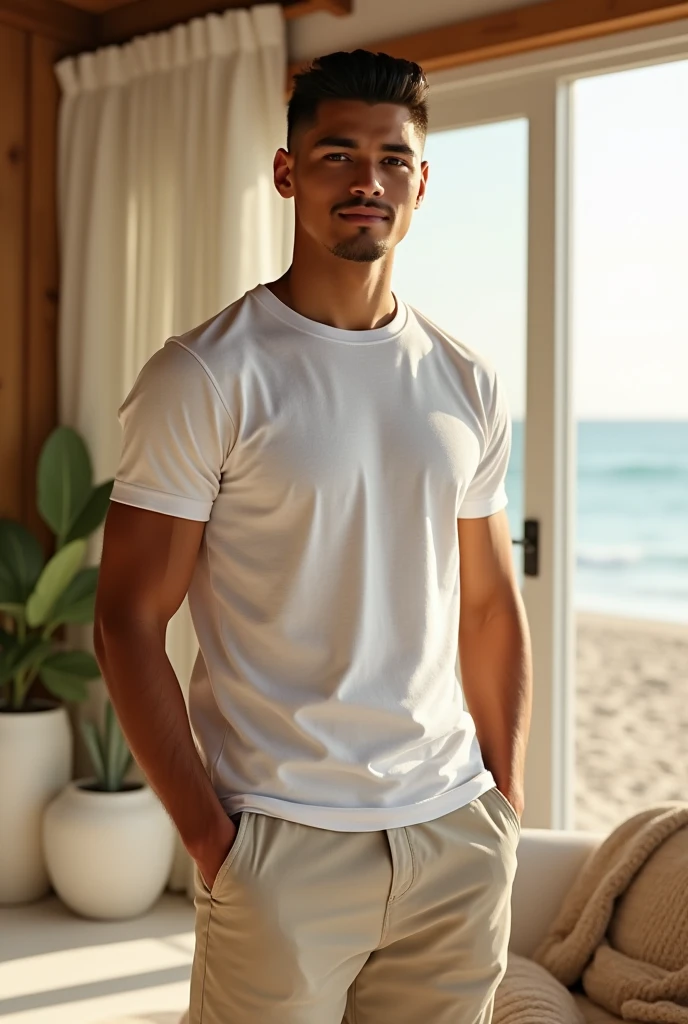 20 year old young man , (Crew Cut Hairstyle: 1.3 ), black hair, short hair details, burly handsome man , (Thin mustache: 1,3), (White shirt, round neck, short sleeves: 1.3) ,White swimming trunks, stalwart, handsome, outdoor, Take a shower with steam., hot spring, Onsen, sweat, Look at the viewer., depth of field, Bokeh, Detailed background, Detailed light, Diffused natural sunlight, Skin glows naturally, Symmetrical eyes, Big smile