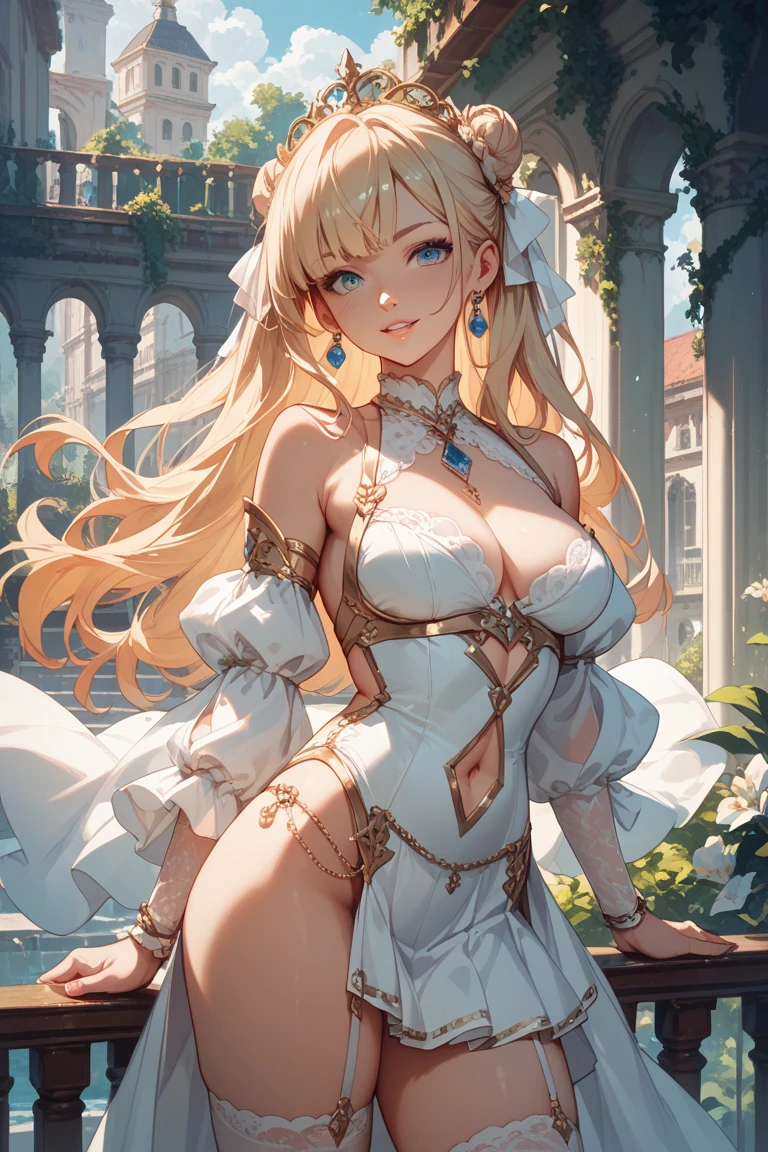 Masterpiece, Best Quality, Official Art, (Highly Detailed CG Unity 8k wallpaper), Detailed background, (Hands by Guido Daniele: 1.1), Feet out of frame, First Person View, 1, Beautiful woman who is attractive and perfect, Blessing Woman, (Curvaceous), (Standing), (((Outstretched hand: 1.4, Upturned palm: 1.14)))), ((Goddess: 1.4, Beautiful Angel: 1.4, Big Angel Wings))), (Bridal Gauntlet, Gorgeous Pure White Dress, Pure White Large Skirt, Gold Ornaments, Bridal Garter, Bridal Legwear, White Thighs: 1.12), (Blonde Long Hair: 1.12), (Ahoge: 1.13), (High Ponytail: 1.12), (Green Eyes: 1.13), Look at the Beholder, Big, (cleavage), Beautiful Face, (Blush : 1.11), (Smile: 1.11), Outdoors, in the back, castle, church, (sunlight shining through stained glass), (Flower garden, countless petals, beautiful flower decorations), (((Bouquet of blessings: 1.4, Blessing bell, luxurious blessing venue, beautiful white bird is flying))), cheers, joy