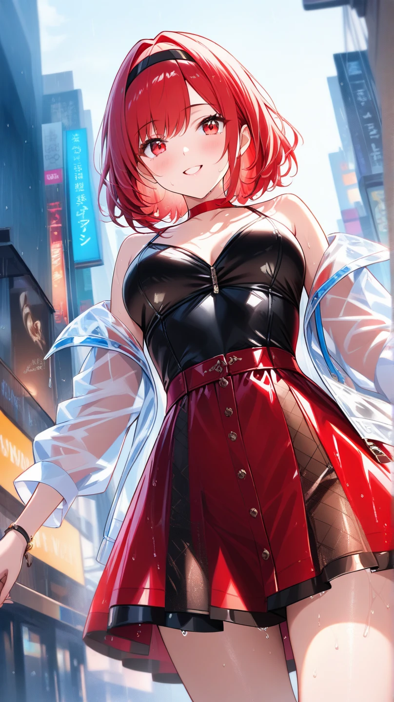 ((Highest quality)), ((masterpiece)), (Familiar), Hazy, Female,Mature Woman,Purple Hair, short hair, Low Ponytail, eye shadow, lipstick, Red eyes,Black Shirt,Large Breasts,Cleavage,Red and black jacket,White tight skirt,Red Heels