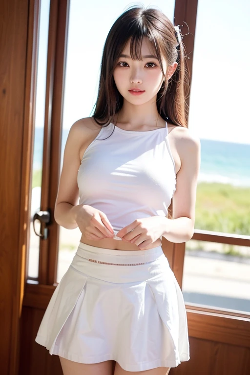 ultra highres,(reality: 1.4),highest quality, masterpiece, high detail, 16K quality, beautiful, 1 beautiful girl,japanese,super beautiful face,baby face,japanese idol face,cute face,super detailed face,detailed hand,beautiful skin,sweaty skin,big eyes,big smile,profeccional lighting,medium hair, black hair,brown beautiful eyes, white shirt,cleavage,brown checked skirt,standing,((wind lift:1.3)),(((show off panties))),((white panty)),medium breasts,she is looking at the camera,beach,blue sky, beautiful blue ocean,nsfw,from below,