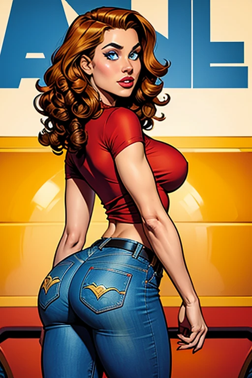beautfull woman , 21 years old , Very beauthful, blue colored eyes, curly brown hair, yellow denim pans, blue T-shirt, big-ass, busty. comic style. Marvel comics style