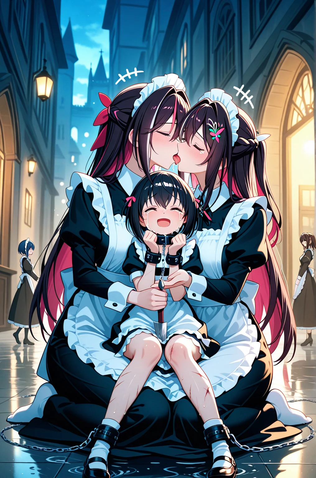 ((Rope Bondage:1.35)),((Pink twin tails and ribbon)),((Ultra-high resolution:1.5)),((super detail:1.4)),((Highest quality)), ((masterpiece)), Perfect Face,Shiny Hair,A shy smile,Japanese,,Chubby,Nipples,Sweat,cute,Summer festival,White yukata,Lie,Sweat,Wet lower body,💦drenched,(((Sexy see-through lingerie for women,Shiny bodysuit,Smooth and silky clothing,Trimmed combination,Lace Stockings,Erotic leash,pajamas))),(((Open your mouth and show your tongue:0))),(((Tehepero))),A bustling morning scene inside a women-only car on a JR train in Japan during rush hour. The train is packed with passengers, yet there’s a sense of order and calm among the crowd. Several young girls, dressed in cute kindergarten uniforms with small backpacks, stand close to their mothers, holding onto them or the train's handrails for support. The girls wear matching hats, some in bright yellow and others in pastel pink, with little charms hanging from their bags. The mothers, dressed in casual but neat attire, ensure their daughters are safe and comfortable, gently holding their hands or guiding them to stand securely. Despite the crowded space, there’s a warm, nurturing atmosphere as the mothers and daughters chat quietly or look out the windows. The train car is filled with the soft hum of conversations and the occasional giggle from the young girls, capturing a typical morning commute in the city.