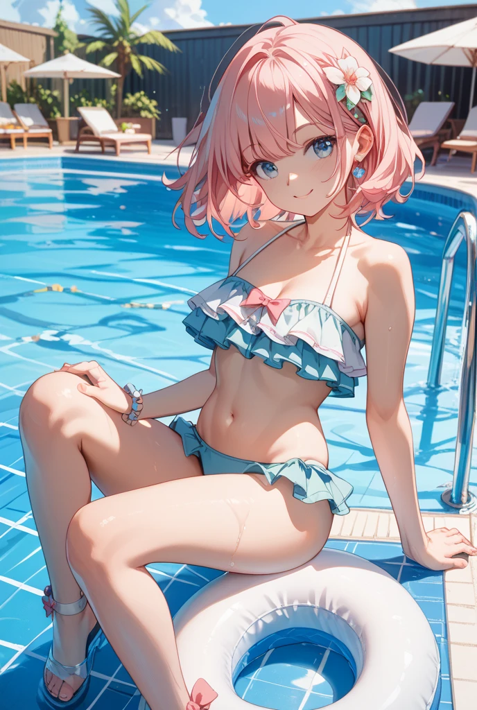 (Highest quality), (masterpiece), high resolution, Realistic texture, close,Beach、Extremely small sexy micro bikini
, momo velia deviluke, Playing innocently、hair ornaments, Bobcut, Short Hair Pink Hair, Purple eyes, (Big Breasts),  , ,  (blush:1.2), smile,smile、Open your mouth
、On all fours、Shooting from behind、looking at the camera、whole body、Emphasize the chest