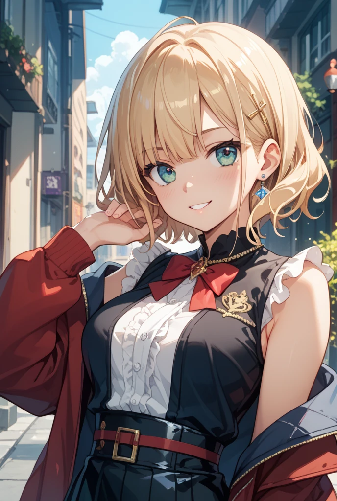 ((highest quality)), ((masterpiece)), (detailed), Perfect Face、Town、evening、Walk with open arms、blonde、Straight Hair、ponytail、Golden Dress、Earrings、necklace、Look Up、smile、Angle from above、Accurate hands、Accurate Fingers、