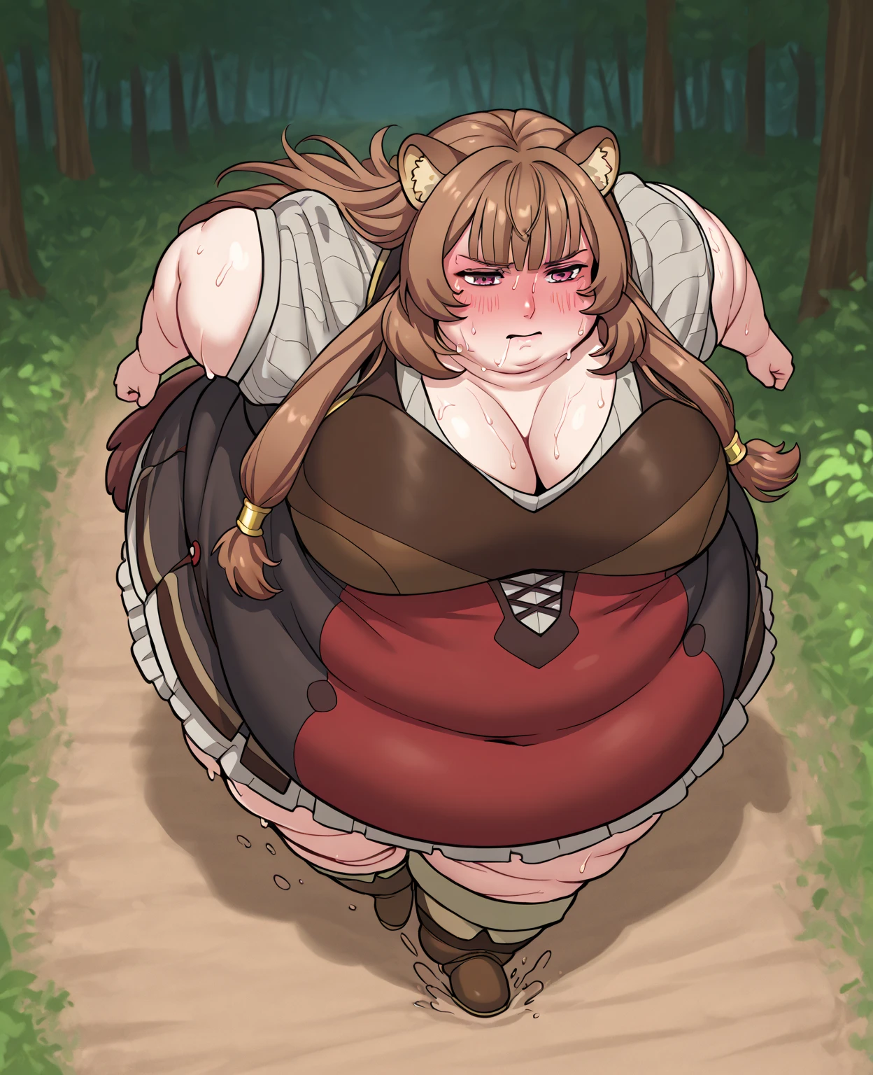 (masterpiece), 1girl, solo, best quality, blue eyes, perfect face, best quality, kemonomimi, bear ears, animal ears, brown hair, short hair, messy_hair,  BREAK freckles, huge breasts, hourglass figure, standing, outdoors, background sky, sleeveless, strapless, plaid dress, green dress, boots, smile, closed mouth, looking at viewer, from above, pantyshot, red panties, blush