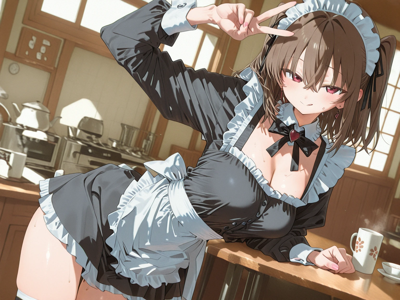 1 cat-girl, with brown eyes, short skirt, Narrow top, tavern, hight resolution, Ultra-spicy, 8K, Masterpiece, looking a viewer