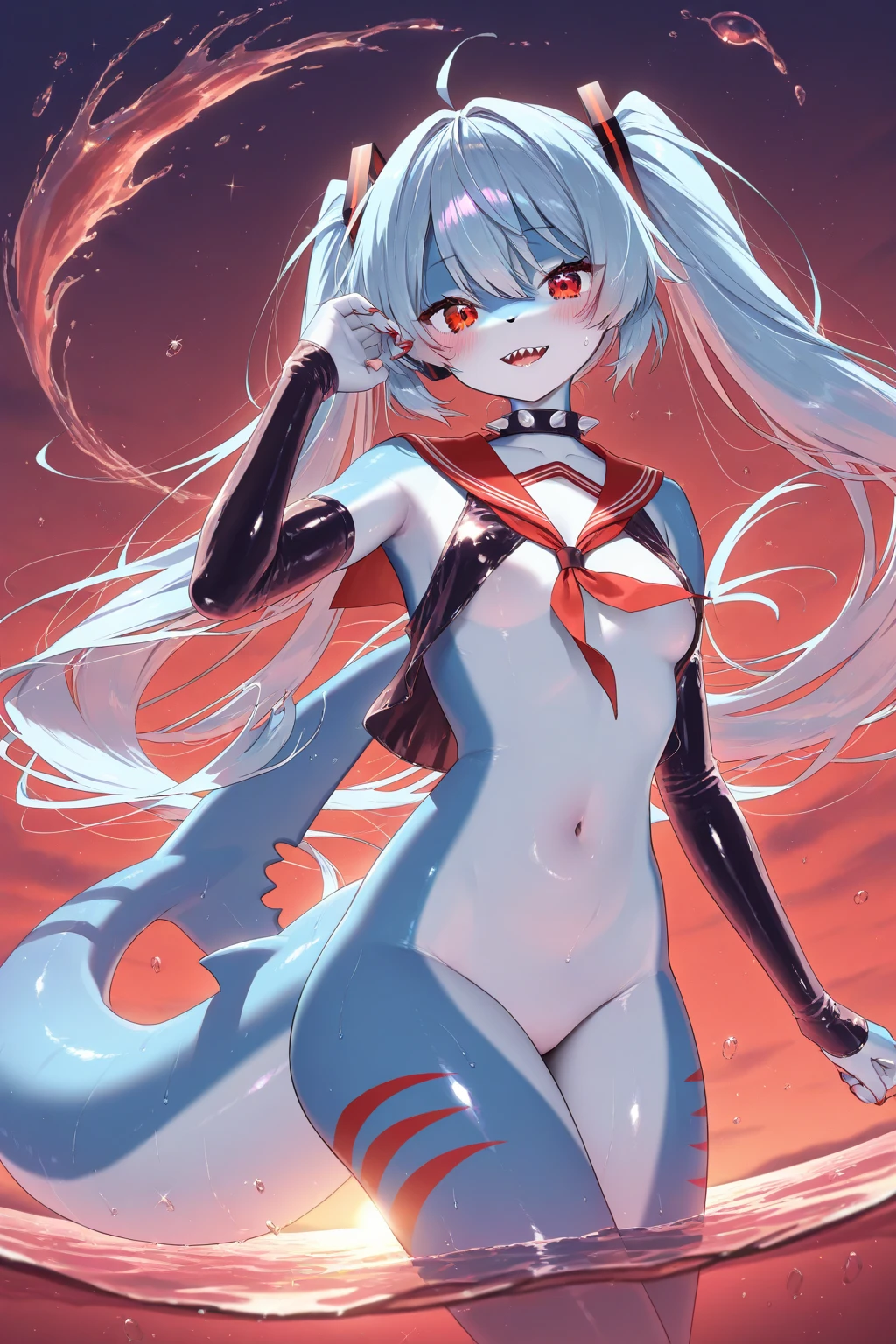 A monstrous girl, light white skin, a cute girl, with a lizard snout, cabelo branco, white hair with a multicolored streak, full breasts, slim waist, eyes covered by hair, serious expression, simple pose, jaqueta preta, camisa preta,