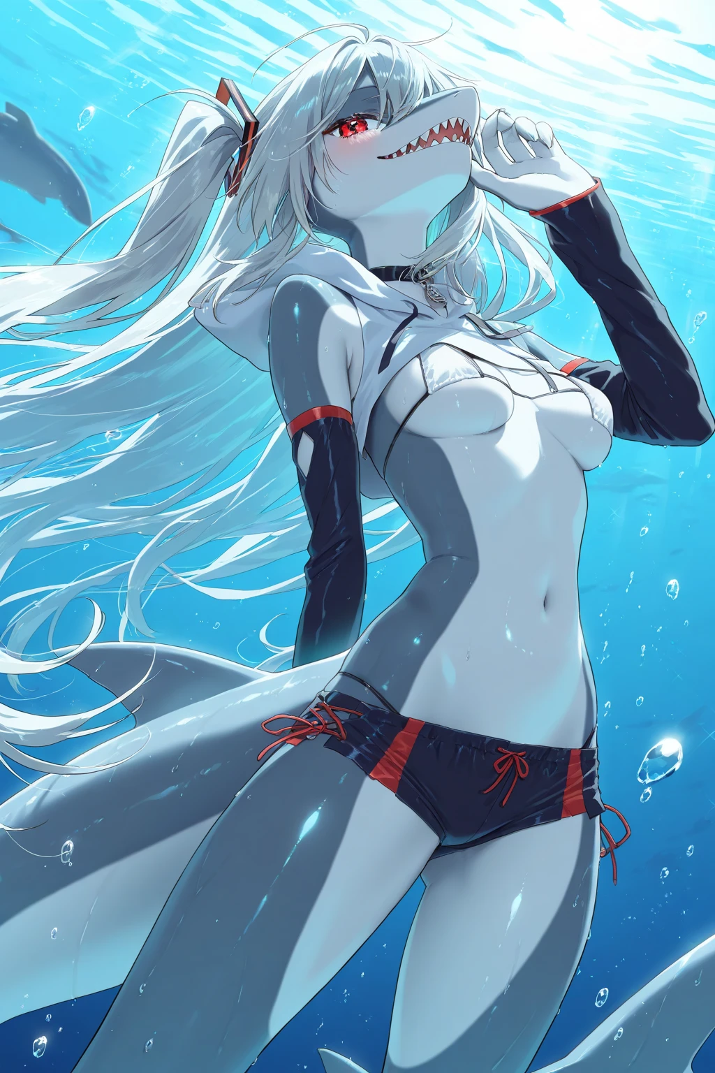 upper body, 1girl, wallpaper, light particles, beach, background, look at viewer, light blue hair, long hair, twintails, white eyes, bikini, ninja mask