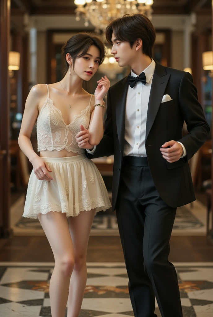 {{male and female couple}}、stairs in the house、sit on the stairs、Wear sexy lace lingerie,and tight and super short girls、White lace clip,Garter stockings,The frozen gaze of the man、children' 、Put your hands around your waist,man touching girl'old,grab the chest,drink milk,caress the chest,Sosteniendo old grandes con las manos,Huge breasts,Huge ,Masterpiece, Best Quality, handle, shirt lift,
