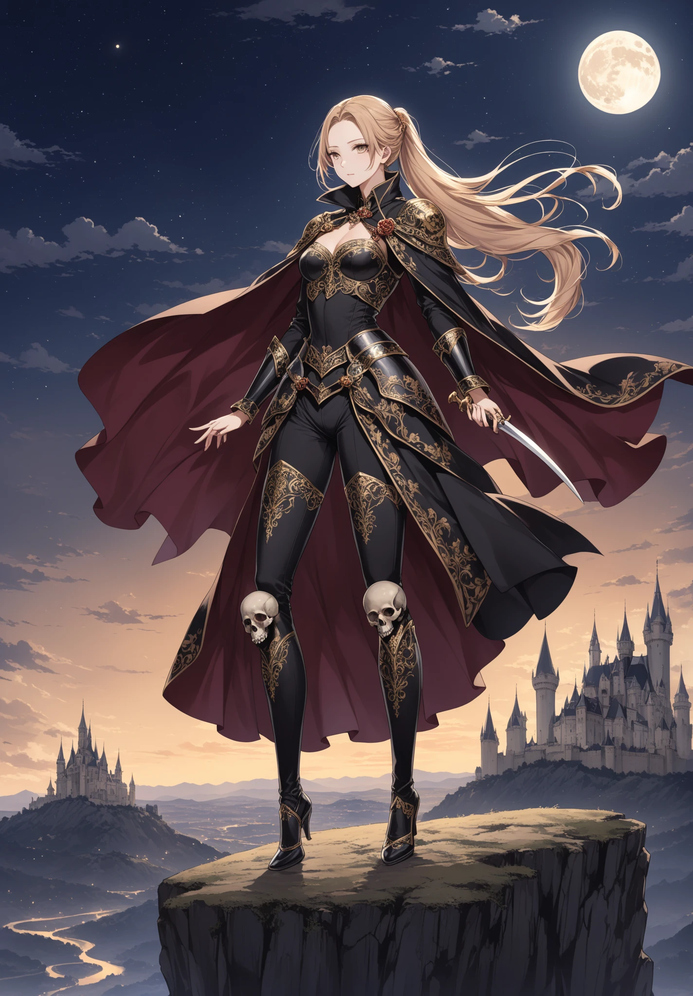 standing, a arrogant woman with eyes and long hair and leg and feet and big bust, Warhammer universe, anime design, wearing luxurious military lord captain garment, with grim dark elements, in a detailed darkened backdrop, surrounded by chains, blood