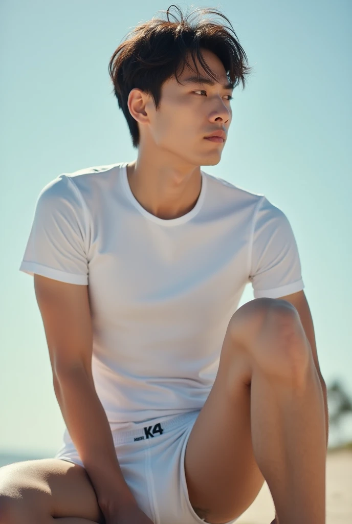 Real-life Photorealism, Raw Portrait Photography(8K UHD、RAW Photography、Photorealistic Portrait Leica Digital SLR、Spotlight a Korean Handsome Guy, slightly muscular man in action on a radiant, . With unparalleled attention to detail., sunny day amidst,. Zoom in for a close-up, showcasing the slightly muscular man, proudly showed off his Sixpack posing of full body wearing a white sexy jockstrap, full-length effectiveness and skin quality. This photorealistic portrait combines the style of National Geographic., sit on beach