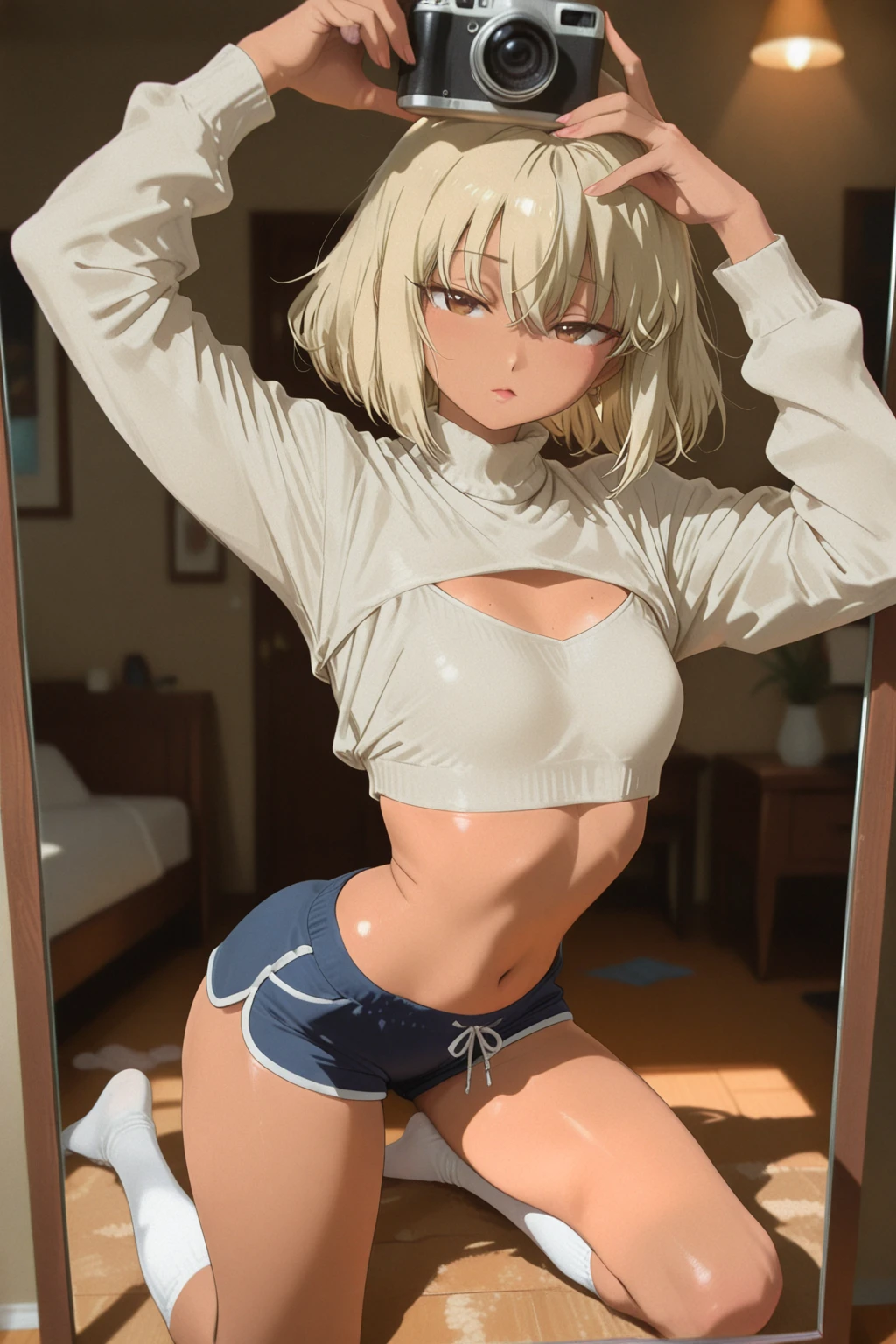 NSFW,(((perfect anatomy,realistic:1.4,RAW Photography:1.4,masterpiece、highest quality、Ultra - High resolution、High resolution、Highly detailed CG、8K))),cowboy shot,1 female,solo,18 year old beauty,Japanese,((beautiful detailed face and eyes:1.3,big gorgeous eyes:1.3,gray eyes)),white hair, inner color hair, short bob hair,blunt bangs,blush,(medium breasts,slender body,small head:1.3,skinny),(gleaming skin,shiny skin,sweat:1.4),(Wet crotch),(oversized_black_sweatshirt_hoodie,Long sleeve、Bare legs),((spread legs)),、bottom less, show off pussy, no bra, lift up shirt ,(love juice)