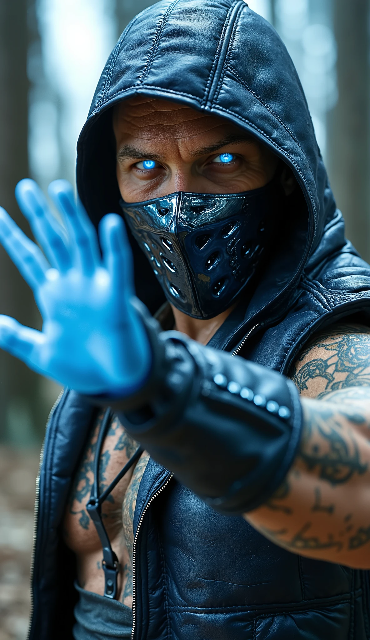 Tom Hardy Sub-Zero from mortal combat with his mask that covers only the mouth (realistic and imposing) Visual: Dressed in a padded blue vest with reinforced metallic seams silver ones. Mascara: Mascara de metal escura com textura fria e acabamento cromado, covering the nose and mouth. eyes: Totally white, giving a supernatural appearance. details: Raise his hand in a defensive attack posture with a translucent hand made of ice.  style: hyper-realistic, dingy, with a futuristic touch in the classic suit. background with trees and sub-zero palace in high quality

