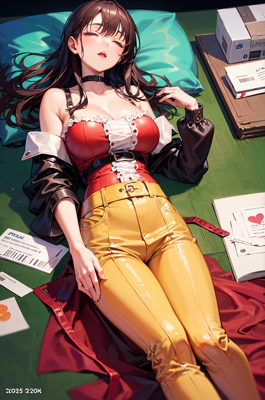 score_9, score_8_up, score_7_up, score_6_up, uncensored, Yor Briar, black hair, earrings, white hairband, hairband, long hair, sidelocks, red eyes, naughty face, shiny skin, sweating, steaming body, heavy breathing, BREAK (masterpiece:1.2), best quality, high resolution,(detailed eyes:1.3), perfect lighting, (perfect hands, perfect anatomy), large breasts, race queen, cropped jacket, highleg bikini, micro shorts, thigh boots, peaked cap, sitting, crossed legs, armchair, fog, (holding condom:1.3), condom, fellatio gesture