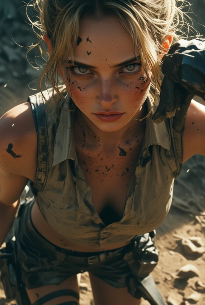 Helen Skelton, American Civil War, close-up action shot from ground level, naked Confederate soldier, swearing, sweating, damp hair, bloodied, on a bloody battlefield, covered wagon, explosion, fires