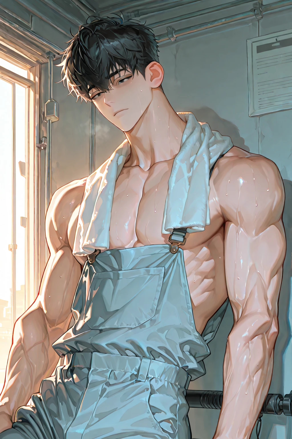 14 years old cute Asian boy, eight-pack abs teen, bodybuilder body, SINGLE bun hair slicked back, oiling body