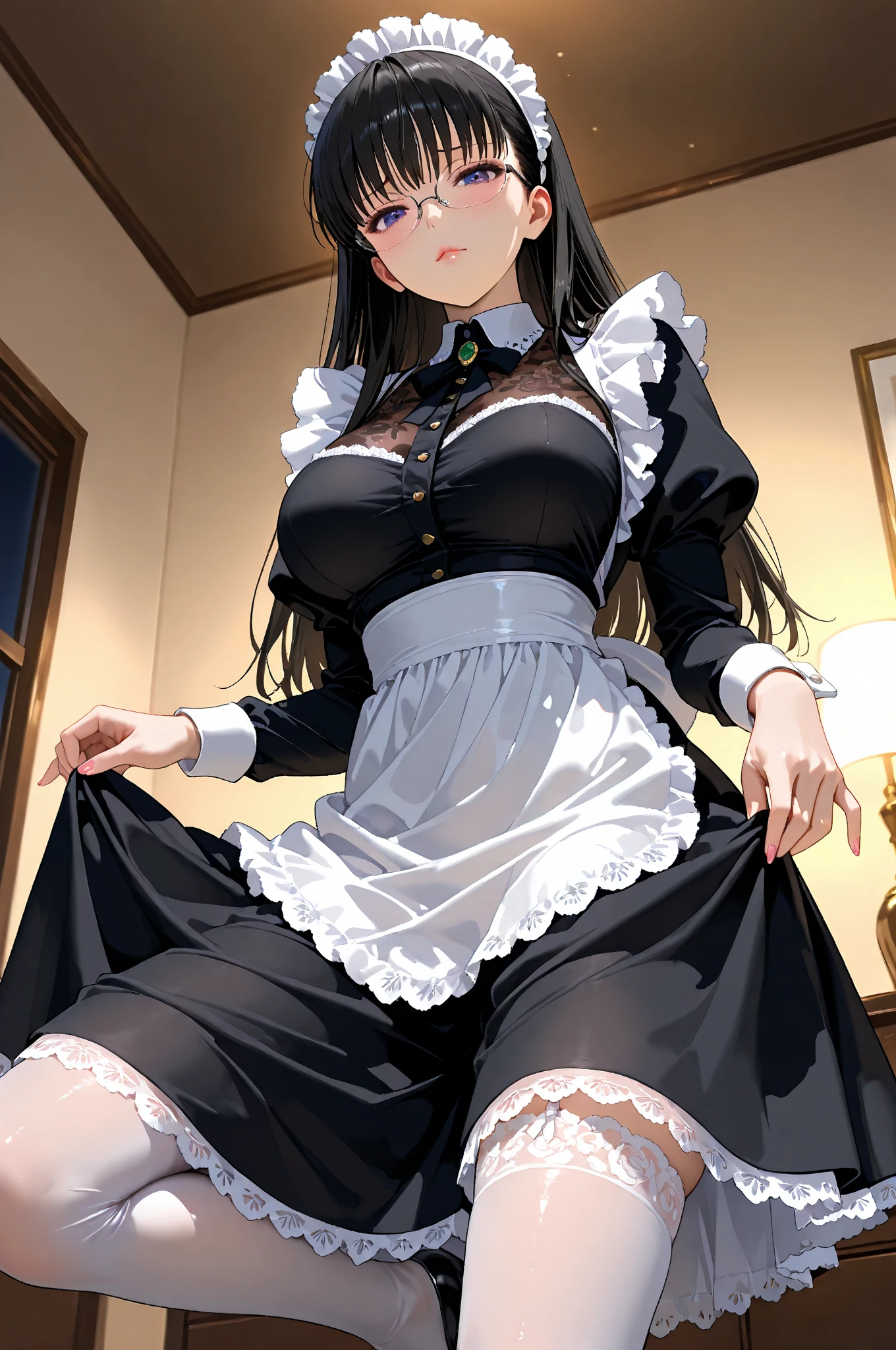 (masterpiece:1.2, highest quality), (realistic, photorealistic:1.4), beautiful illustrations、Bow tie watching the audience,Front view, (((Maid clothes))) 30 years old、perfect face, Cute symmetrical face, shiny skin, 
random hairstyle、Big eyes, droopy eyes, long eyelashes、beautiful thighs、Tall and beautiful hair, beautiful face, fine and beautiful eyes, beautiful clavicle, beautiful body, beautiful breasts, beautiful thighs, beautiful feet, beautiful fingers, 
((fine fabric texture)), 
(beautiful scenery),(business office background), Are standing, (smile),  (((skirt lift, Panties and pantyhose are visible)))