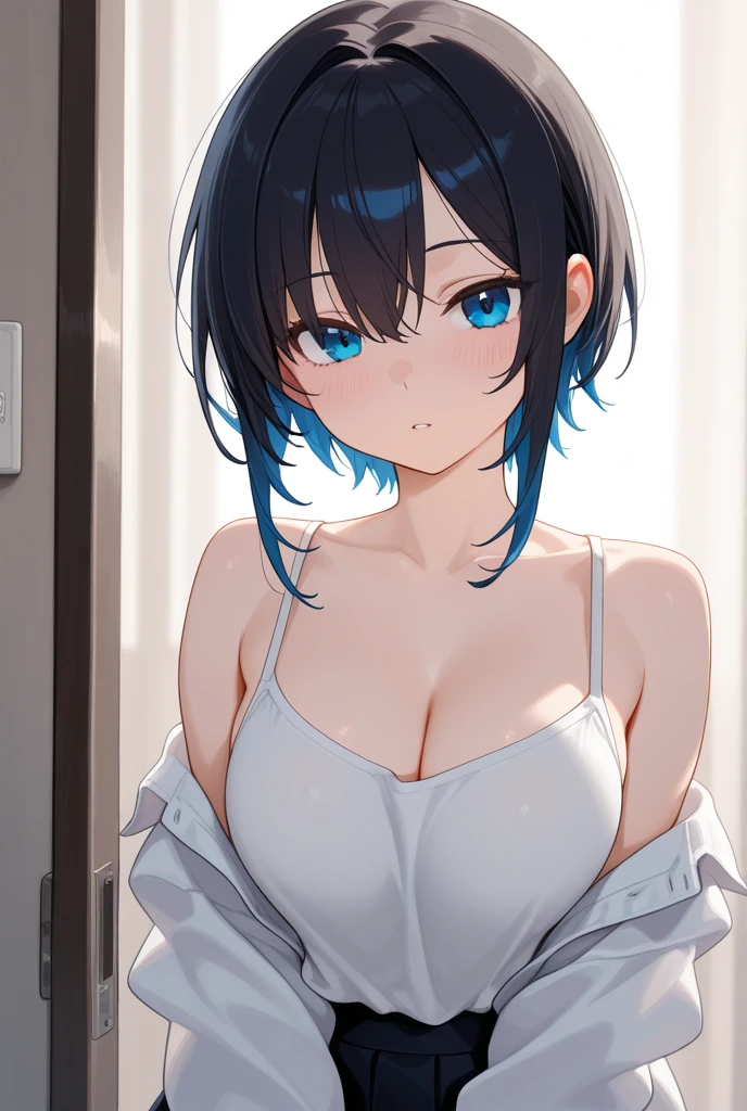 masterpiece, highest quality,masutepiece, 8K,ultra-detail,girl, ((naked apron)), Blue Hair Ribbon,
(16 years old), large boob,
short hair, black hair, blue eyes ,bedroom,on the bed,On back,whole body,spread legs,embarrassing,nipple,No underwear,