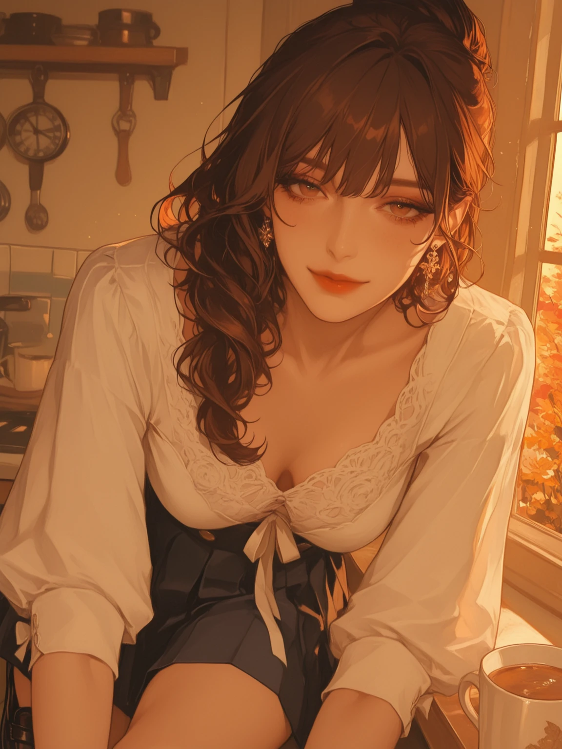Relaxed character and white cat 1lady solo, (sleeping at a table:1.2), (sitting a chair), sweater, denim pants, mature female, /(light brown hair/) bangs, (eyes lightly closed:1.1) (small mouth), (masterpiece best quality:1.2) delicate illustration ultra-detailed BREAK (blanket over shoulder and back:1.2), (some objects on the table) BREAK (cozy living room) indoors, window snowy, detailed background BREAK (soft color tone:1.3)
