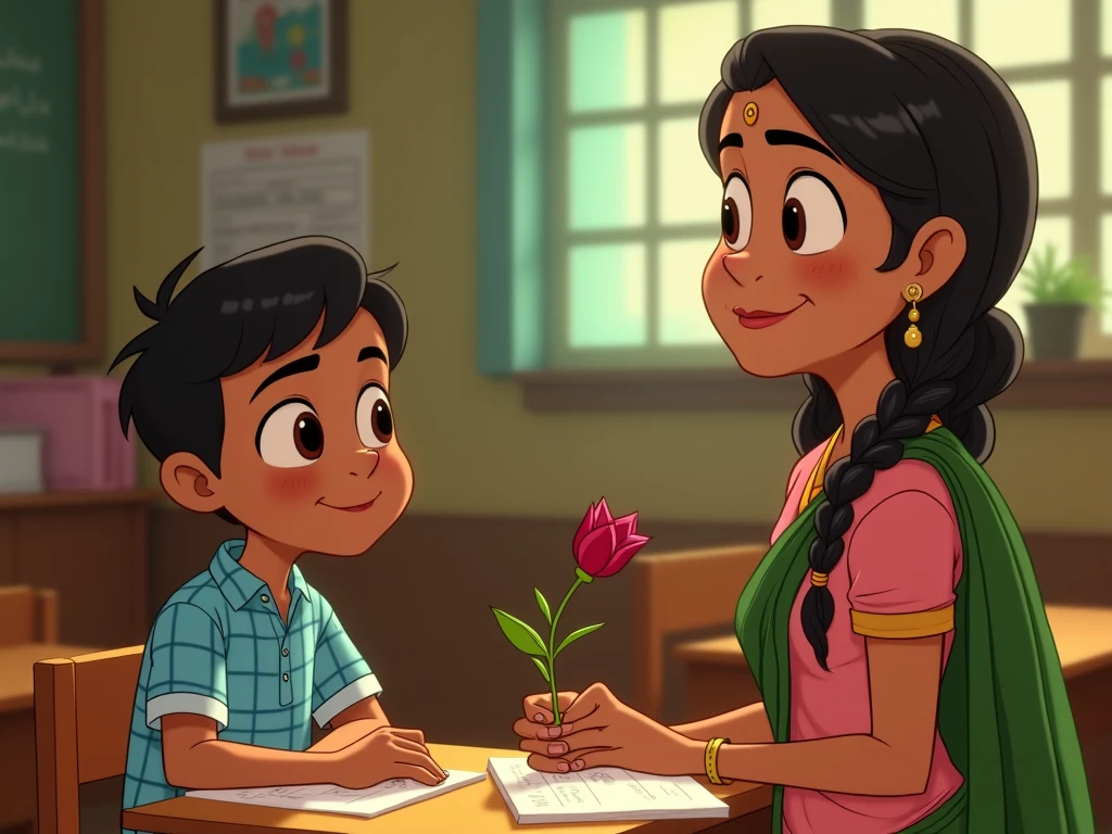 Private school teacher ai 3d cartoon type with saree boy propise rose class image 