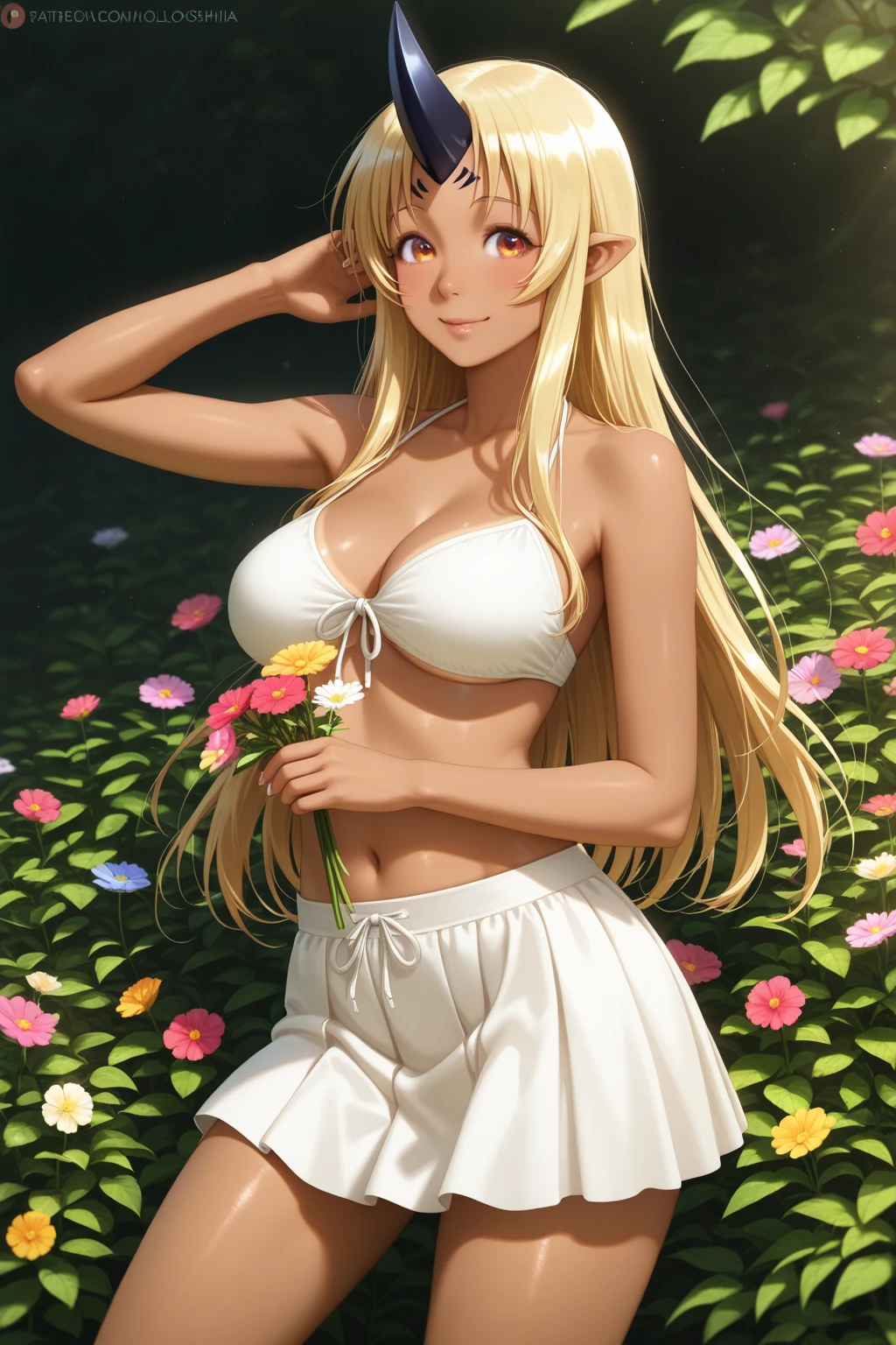 Woman with long blonde hair, white, dark brown eyes and she has flowers on her breasts and a long skirt with slits, two in the front and two in the back and flowers in her hair all in her belly exposed anime version