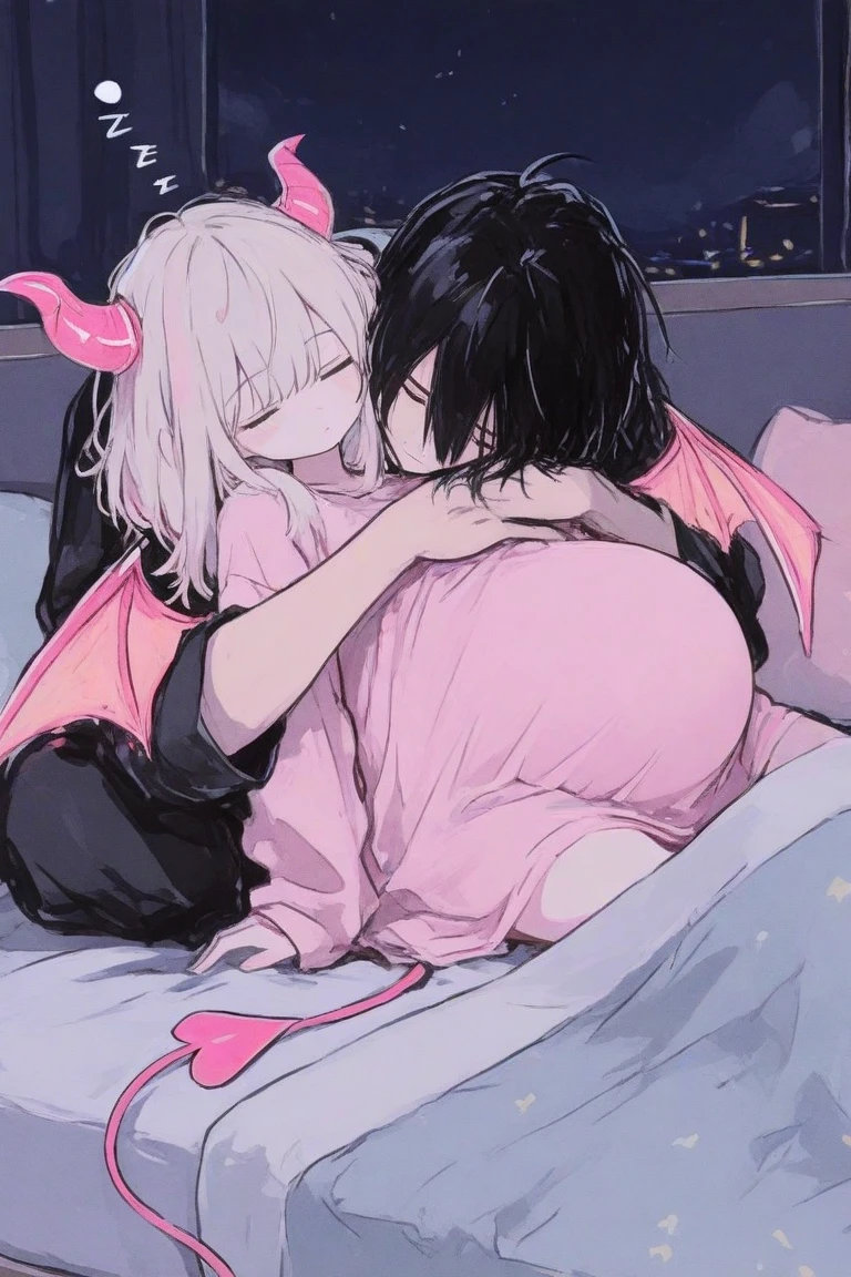 profile,demon tail,hug,silver hair,black hair,messy hair,long hair,hooded cloak,solar eclipse,uneven horns,blue eyes,flat chest,tatoo,piercing,pointy ears,2girls,upper body,smirk,lying,(sleeping)