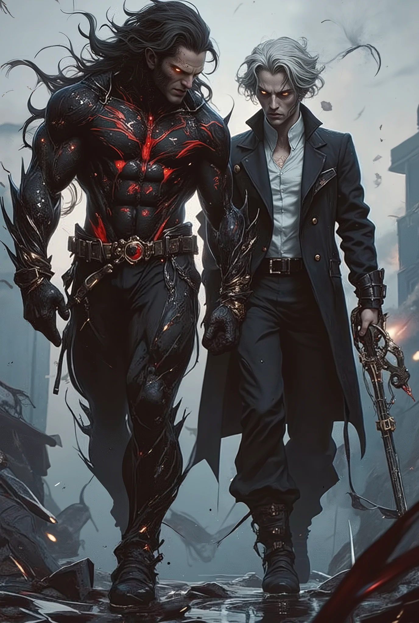 Two abyss-altered humans on the streets of a monster-destroyed city
fist - Ash – Towering at 187 cm, Ash cuts an imposing figure, built like an Amazon with a mix of muscle and hot femine curves. Her long, wild black hair is streaked with red, and her burning orange-red eyes against black scleras give her a feral, predatory look. She moves with lethal grace, speaks in a low, husky voice with an Italian/Latin inflection, and has no regard for tact.
second - Slush – The same height as Ash but gaunt and androgynous, Slush moves with eerie, controlled elegance. Their dark gray hair is laced with white strands, their near-white irises contrasting sharply against black scleras. Their voice is velvety smooth, their accent a blend of Nordic and Asian, and their demeanor is detached, often carrying a harmonica to underscore Ash’s theatrics.
Both are intersex, their bodies covered in stigmata—scars, brands, and tattoos resembling rust, flames, or ice-crusted shackles. These marks are remnants of failed attempts to bind them, but none held.