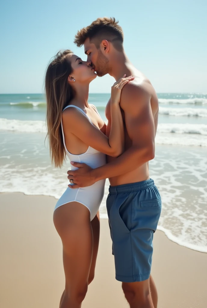 Naked couple embracing, 2 people naked, both looking straight at the camera, Sexy, Topless, big cleavage, Bare legs, 16k, Standing in many positions on the beach, on the island, Pure, Realistic, Maximum details, youthful, youthful
