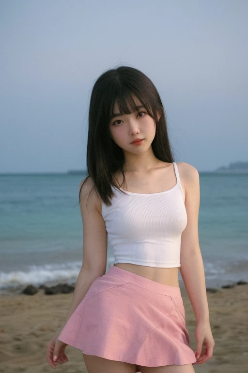 (8K, RAW photograph, Highest quality, masterpiece:1.3),(Genuine,photograph:1.37),(Looking at the audience:1.331),(Black Hair),Pause,Beachfront,Morning view,sunrise,sunny,One girl,Very beautiful face,small,Hands down,Pony Hairstyle,Hair weight,Fluffy hair,Shoulder length,Straight hair,Random representation,Smile with the corners of your mouth,Big eyes,(T-Shirts,Round Collar,Short sleeve,Opaque color,Shirt color),(Wear pants),Mix 4,Hair accessories are not permitted,Highest quality Hair
