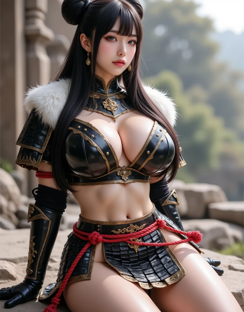 (RAW Photos:1.5), (Realistic:1.5), (Photorealistic:1.5), Ultra-high resolution, masterpiece, Highest quality, Perfect lighting, Detailed lighting, Dramatic Shadows, Ray Tracing, ((Sharp focus:1.2)), 1 Beautiful Japanese lady, 20-year-old, ((Idol face)), ((Voluptuous body:1.35)), Cleavage, ((Beautiful attention to detail:1.5)), Red lips, ((Pale skin:1.2)), ((Big Breasts:1.2)), Narrow waist, Big Ass, Thick and wide thighs, Straight long hair, Black Hair, Mouth half open, View your viewers, ((Bikini Armor:1.2)), ((Fantasy medieval castle:1.2)), From below, Leg spread, smile,