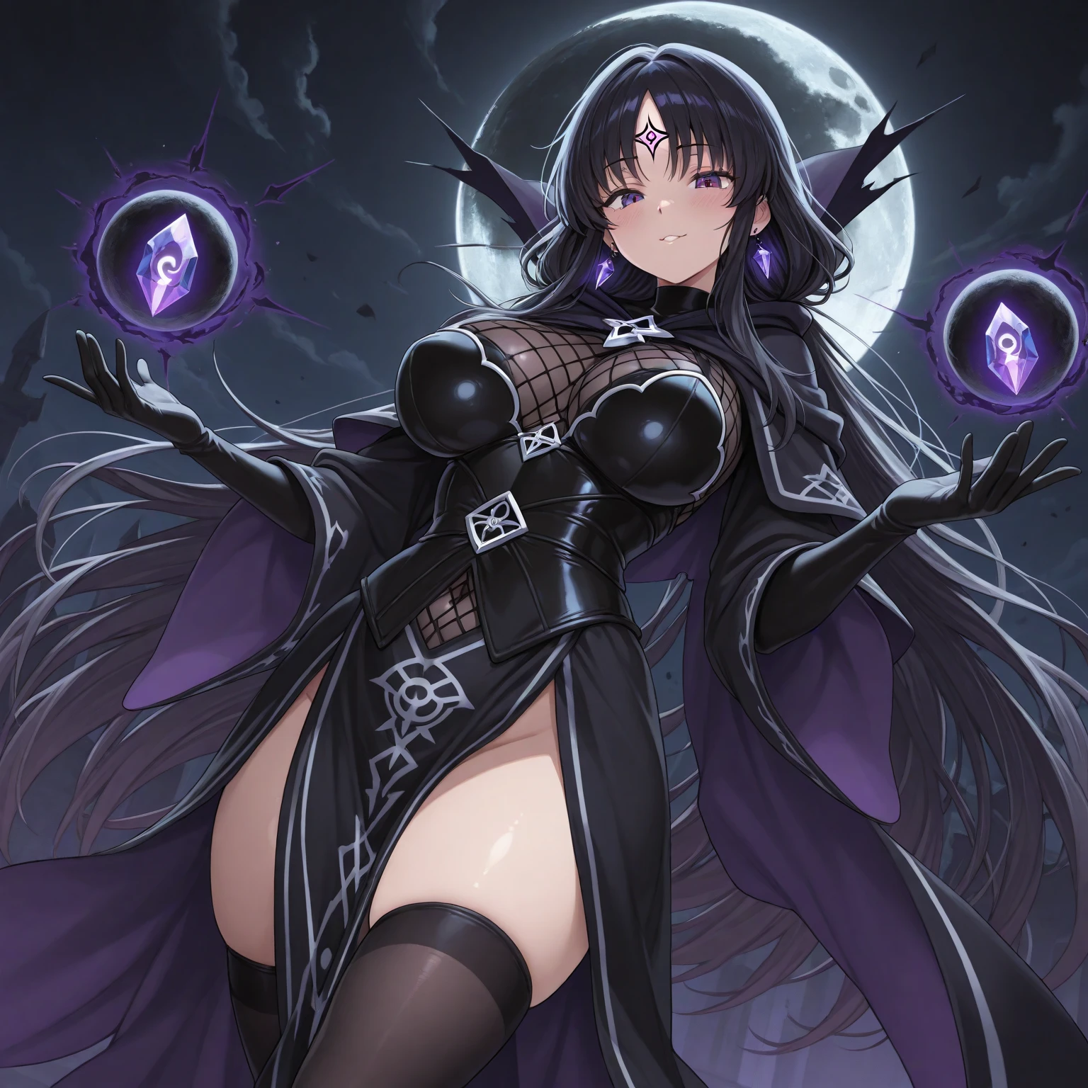 (Fatal Beauty,A charming villain,witch) ,(A supple and powerful physique),(Sensual charm),(Mysterious charm:1.1),(Captivating silhouette),((((Glasses))))、((((big sapphire necklace))))、(highest quality,High resolution:1.2),(dark,Threatening:1.1),((dark horror theme:1.5),(Thriller:1.5)),(Dark fantasy:1.5), (((Countless stars fly away:1.5),(Absurd:1.5),(wonderful:1.5))),Woman in a dress, (Powerful numbers:1.1),(((Big Breasts))),(((Muscular:1.1))), cute face, Sexy Face, , Very detailedなbeautiful女の子, (Ideal body type:1.8), Very detailed faceexpressive lips, (とてもbeautiful、Crisp big eyes:1.5), Fine skin., All features are shown in detail., The outline of the fingers is beautifully drawn....., The nose is precisely shaped., expressive lips, Perfect Anatomy,cute、Realistic、(Front view:1.4),(Face Focus:1.3), realistic girl rendering, 8k artistic german bokeh, Enchanting girl, Real Girls, Gurwitz, Gurwitz-style artwork, Girl Roleplay, Realistic 3D style, cgstation Popular Topics, 8K Portrait Rendering,(truth,truth:1.4),Sexy Body,( Very lean body:1.6),Sexy pose, blush, Attractive body, Very curly hair, Purple Curly Hair, very big hair, Very curly hair, prime color,Urban,Very detailed,masterpiece,Intricate details,Faded,Very detailed, Eye for details,Intricate details,暗くてSpooky atmosphere, Spiritual Beings, Unforgettably beautiful, Ghostly figures, Shadow-like shape, Spooky whispers, Ominous Aura, Goth Maiden, Like dazzling fur in a starless haze,Her Mogul Snaps, Mysterious Cemetery,Black hair swaying in the moonlight, She summons darkness, (beautiful: 1.7), (Black Hat: 1.6), (An intricately decorated jet-black cloak: 1.6), (Delicately decorated cloak, Despite the damage: 1.5), Hypermaximalist, Breathtaking oil paintings, Surreal, Ultra-realistic digital illustrations that mimic the style of oil paintings, wonderful構成, (Shining Eyes:1.6)、(Glowing Eyes:1.1),(hellish landscape:1.1),(fire,sulfur:1.1),(Threatening atmosphere:1.1),(dark shadows,Threatening presence:1.1),(Unlucky Clouds,Stormy Skies:1.1),(dark,Spooky atmosphere:1.1),(Aura of misfortune,Evil energy:1.1),(dark aura,cigarette:1.1),(Extreme heat,Burning Flames:1.1),(Nightmare Visions:1.1),(Predicting the end:1.1),(Whispers of misfortune,Devilish Laugh:1.1),(Cry of pain,echoing screams:1.1),(Bad luck symbol,Ancient runes:1.1),(Mysterious Relic,dark art ifacts:1.1),(Infernal Ritual,Ritual sacrifice:1.1),(Eternal Ruin,A hopeless existence:1.1), Inspired by abandoned mech backgrounds. Art created by Craig Mullins, Necrostyle., Detailed Description, Futuristic sci-fi scene. Focus on SFCon