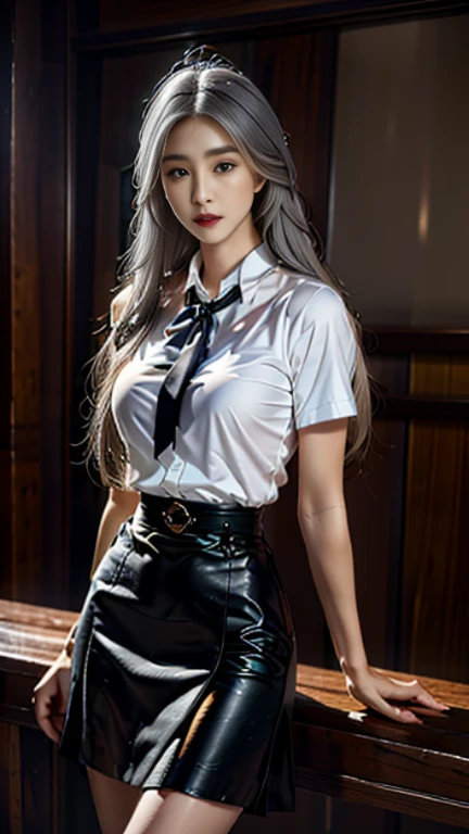 realistic, High resolution, soft light,1 female, alone, hip up, glowing skin, (detailed face),tattoo, jewelry, Secretarial Uniform, white shirt, black skirt, black stockings, garter belt, night, blonde hair, wavy hair, Beautiful Soldier, Eyes that invite the viewer, lover's perspective, an inviting look, sexy smile, perfect style, perfect balance, fine skin, naughty look, I can see your chest