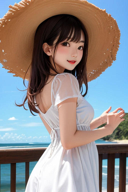 (masterpiece:1.2), (best quality:1.2), (ultra-detailed), (high quality:1.3), (high resolution), (Masterpiece:1.2), best quality, (delicate details:1.5, anime style, beautiful_detailed_face, breast, 1girl, beautiful_detailed_eyes, standing,sandy beach, lovely black hair, absurdly bobbed hair,straw hat,Button Shirts,long skirts,black eyes, looking at viewer, light smile, outdoor,(ahegao:0.1),