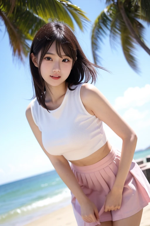 Highest quality, (beautiful)、Tank top、Mini Pleated Skirt、Close-up、Larger breasts、Brown Hair、looking at the camera、Beach、Embarrassed、Standing posture、A strong wind is blowing、Skirt flipped up