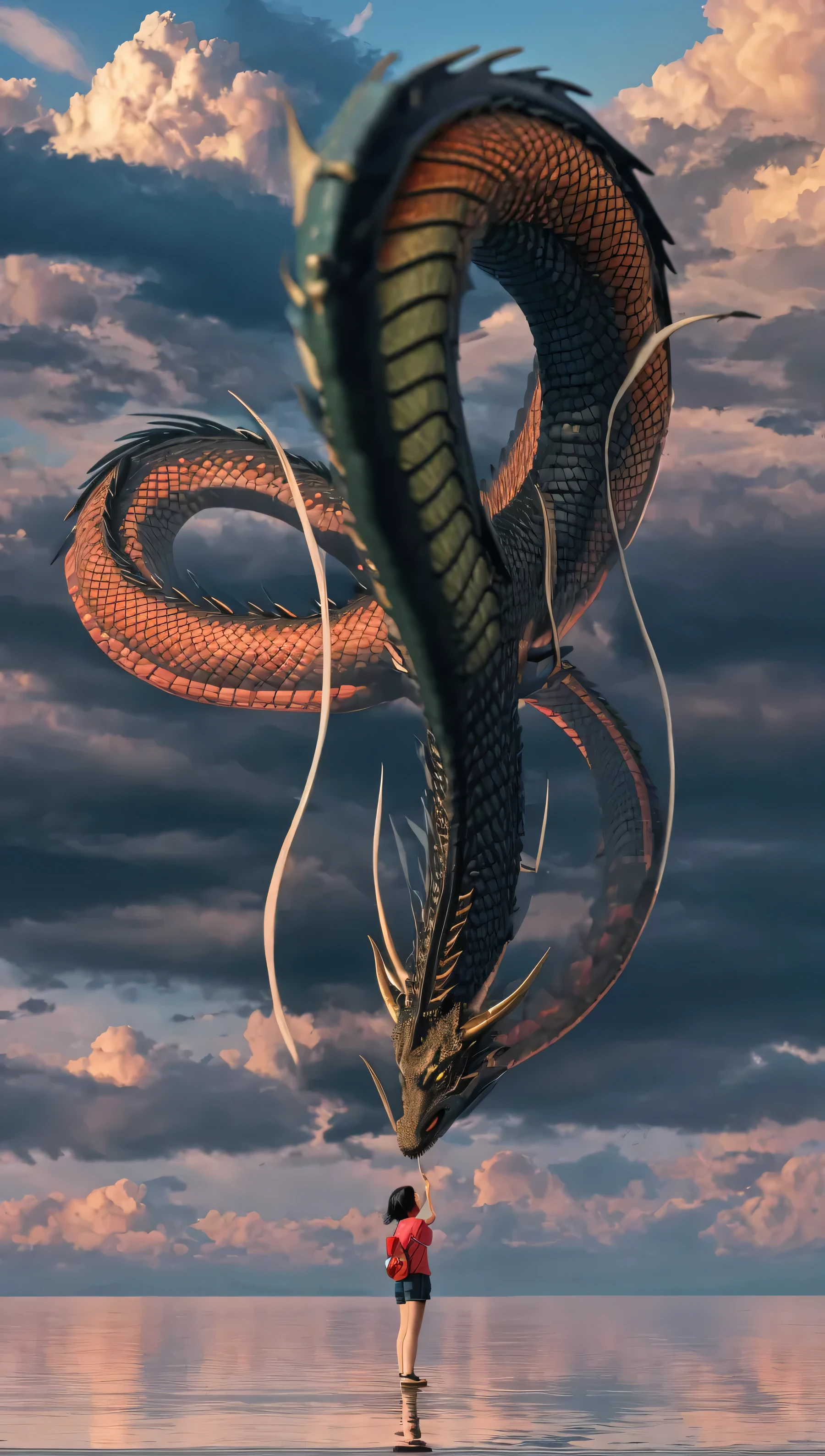 Surrealism ，Black Chinese dragon swimming in the clouds,bird&#39;s perspective style，Red and yellow gradient，Beautiful Clouds，null，Very festive, Chinese elements，Commercial Photography, shine, Divine Thunder, Ray Tracing
